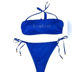 BEBE 2-Piece Rhinestone Triangle Dazzling Blue Bandeau Bikini Swimsuit L
